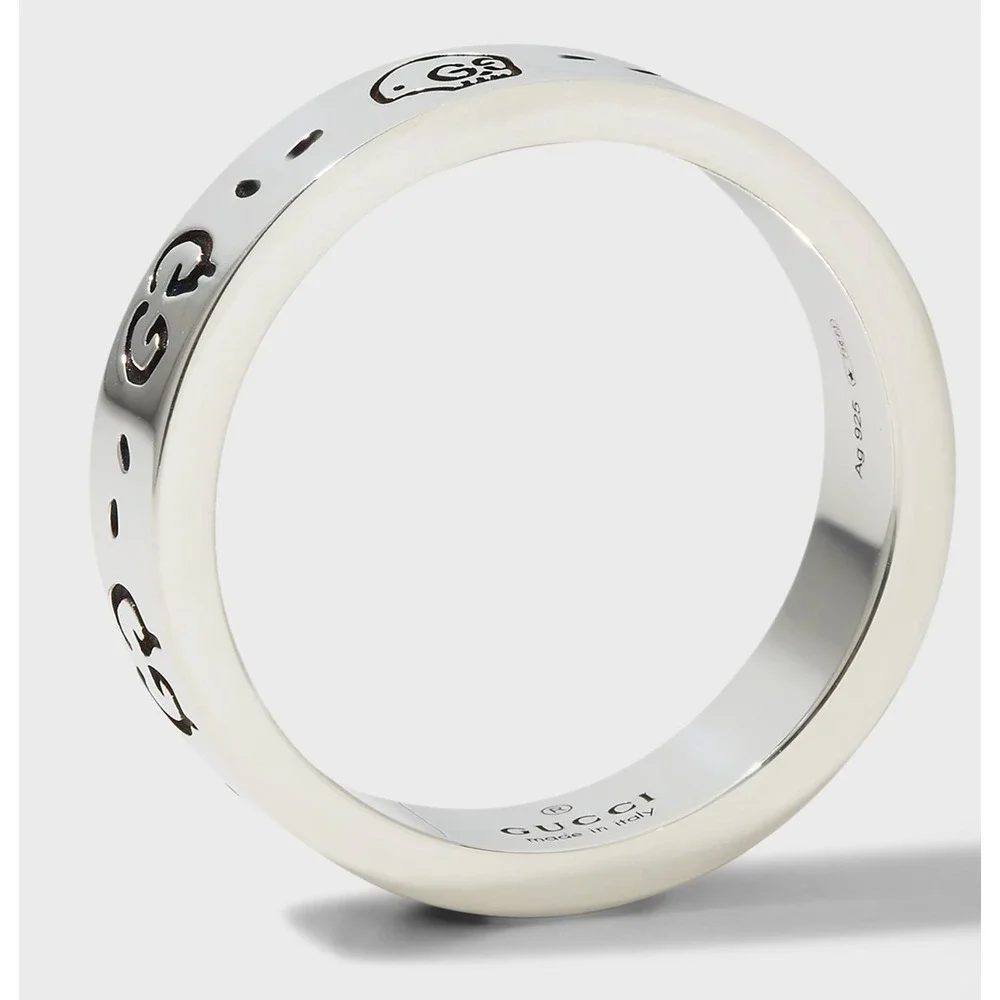 Gucci Ghost Ring Sterling Silver 6mm GG Skull Graffiti Band 477339 Size 16 IT